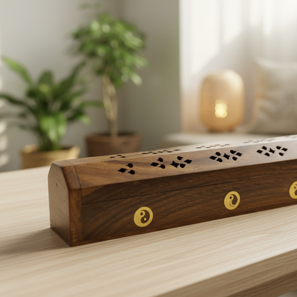 Wooden Coffin Incense Burner Yin Yang 30 Cms (FREE Incense Sticks Included)