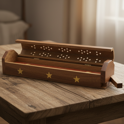 Wooden Coffin Incense Burner Star 30 Cms (FREE Incense Sticks Included)