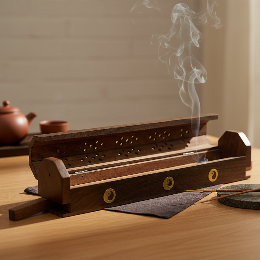 Wooden Coffin Incense Burner Yin Yang 30 Cms (FREE Incense Sticks Included)
