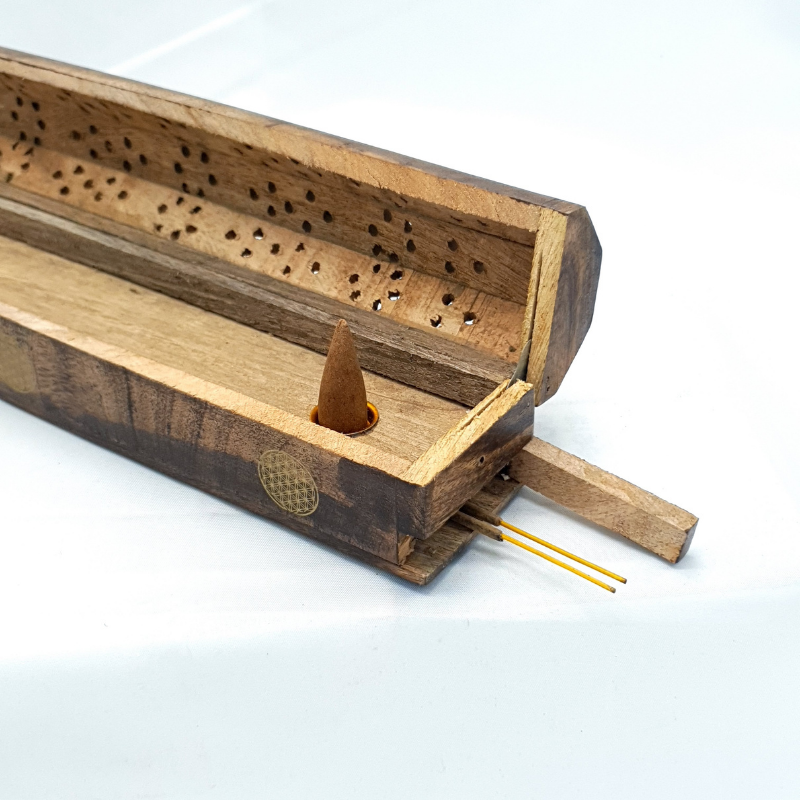 Wooden Coffin Incense & Cone  Burner - Flower of Life (FREE Incense Sticks Included)