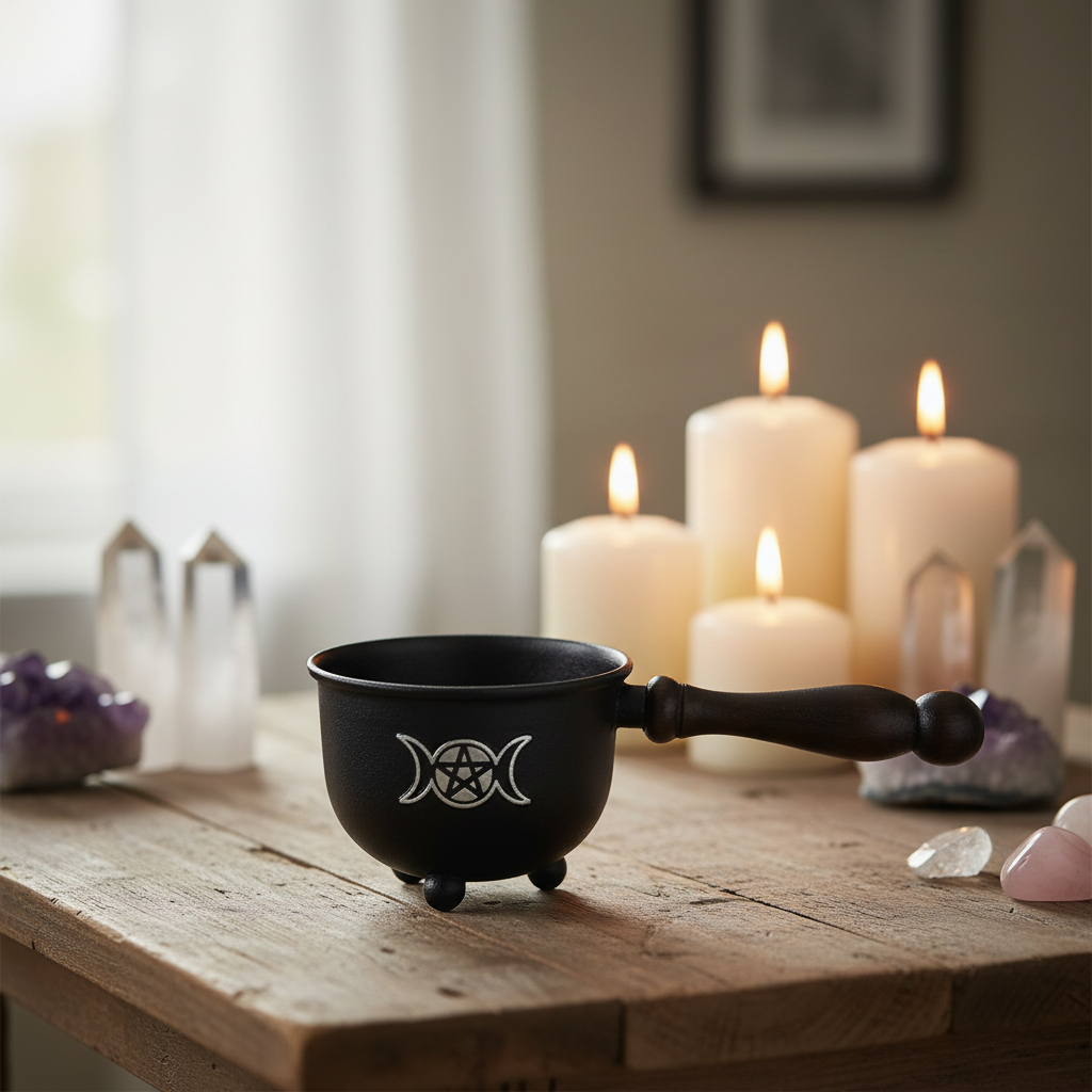 Triple Moon With Pentagram Cauldron With Handle