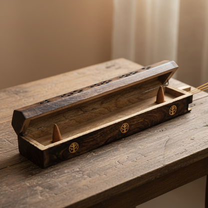 Wooden Coffin Incense & Cone  Burner - Tree of Life