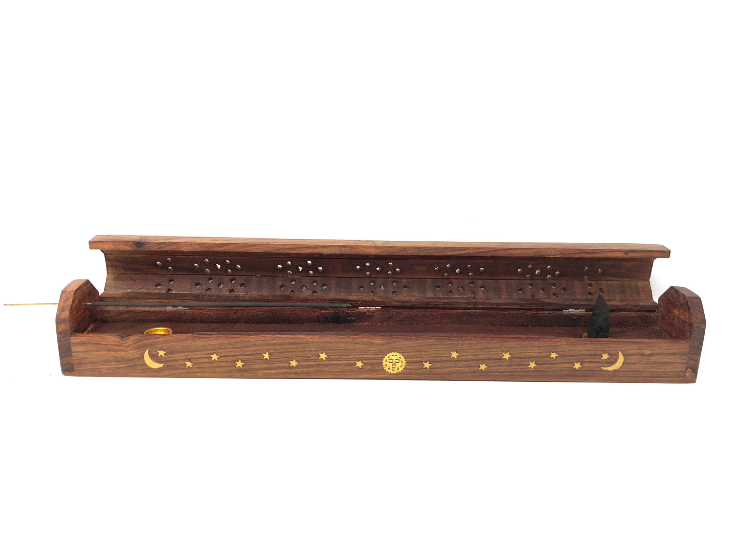 Wooden Coffin Incense Burner Sun Moon Star 30 Cms