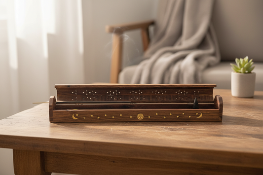 Wooden Coffin Incense Burner Sun Moon Star 30 Cms