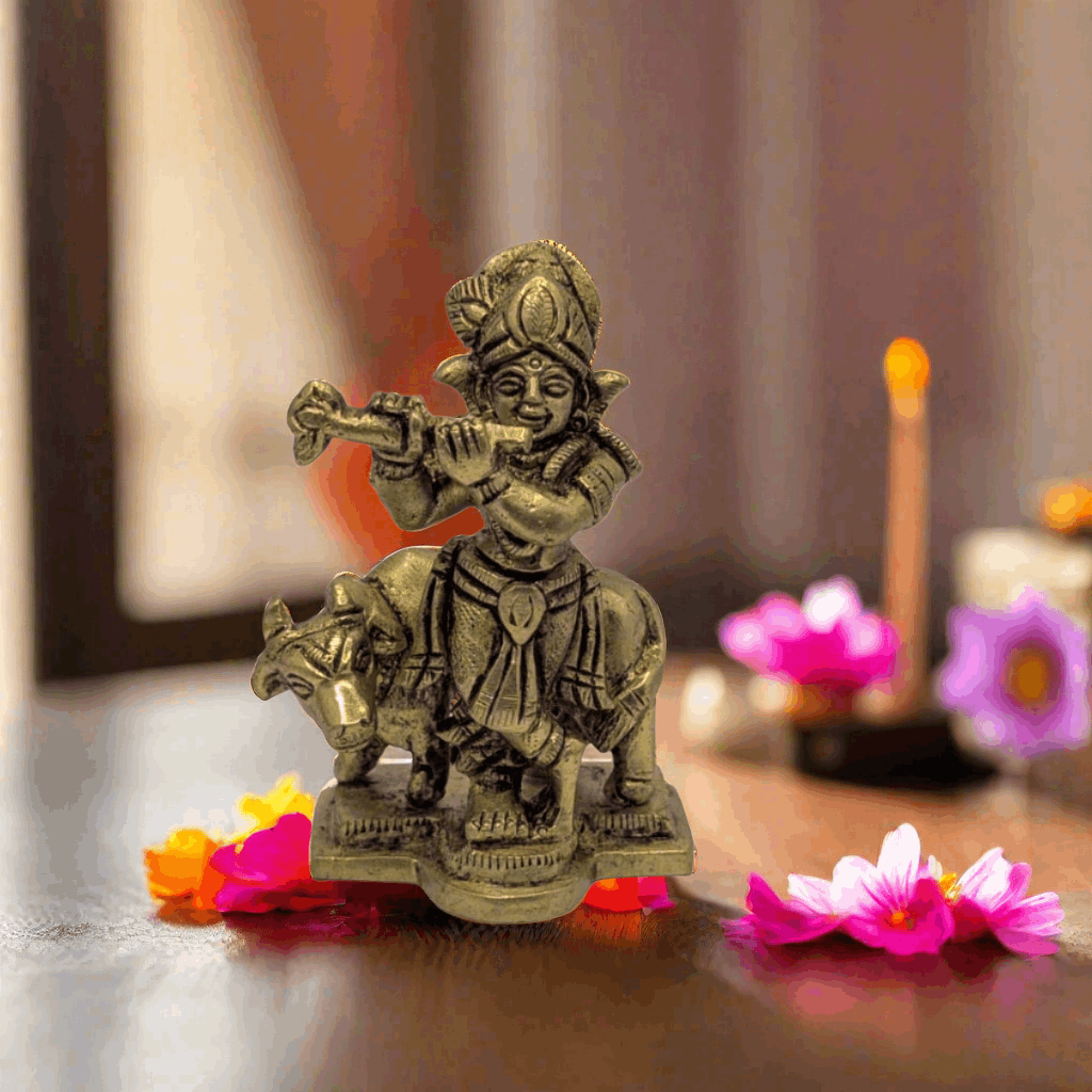 Cow Krishna Brass Idol T4 (Approx. 200 gms)
