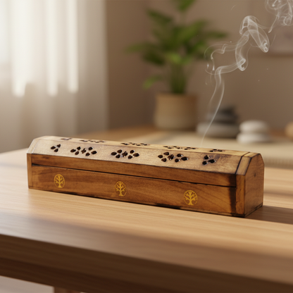 Wooden Coffin Incense & Cone  Burner - Tree of Life