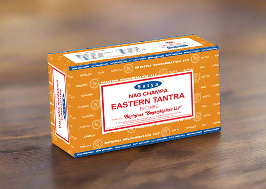 Box of Satya Nag Champa Eastern Tantra incense on a beige background