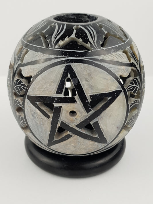 Candle Holder:IH PENTA 3.5" Candle Ball Carved Black Stone - World of Incense AU